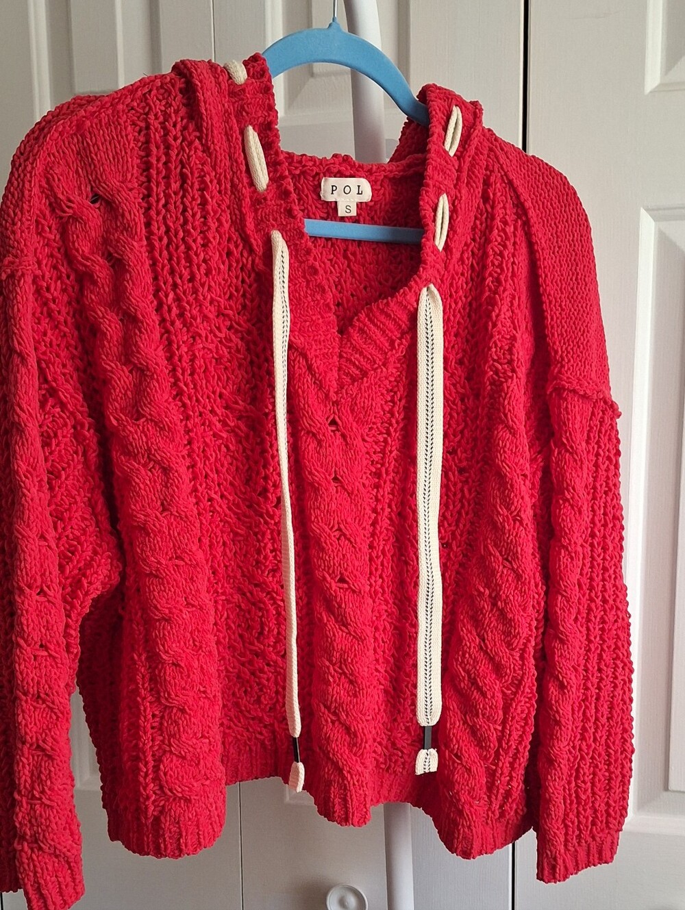 POL Red Cable Knit V-Neck Hoodie Sweater with Cream Drawstrings